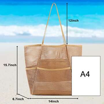 BTOOP Large Mesh Beach Tote Bag for Women with Multiple Pockets Toys Tote Bags for Family Travel Pool Bag (Coffee)
