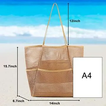 Large Mesh Beach Tote Bag with Pockets for Women