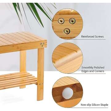 VaeFae Bamboo Shower Bench, Spa Bench Wood Seat Stool, Foot Rest Shaving Stool with Non-Slip Feets a...