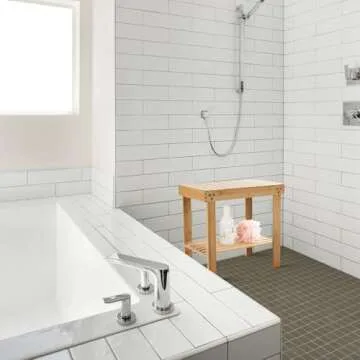 VaeFae Bamboo Shower Bench, Spa Bench Wood Seat Stool, Foot Rest Shaving Stool with Non-Slip Feets and Storage Shelf, Works in Bathroom/Living Room/Bedroom/Garden Leisure