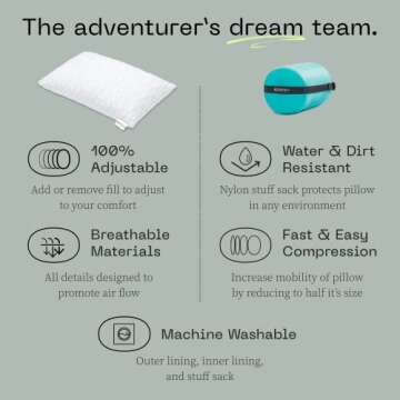 Coop Home Goods Original Travel and Camping Adjustable Pillow, Small Camping Pillow with Compressible Stuff Sack, Medium-Firm Memory Foam with Lulltra Washable Cover, CertiPUR-US Certified (19x13)