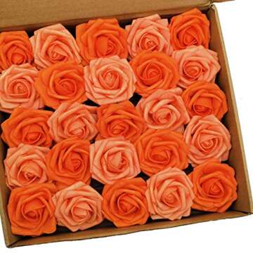 Mefier Home Artificial Flowers 25PCS Real Looking Mixed Vivid Orange Fake Roses with Stem for DIY We...