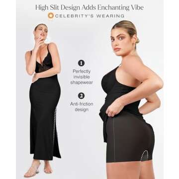Popilush Shapewear Dress Deep-V Neck Lace Satin Drape Slip Split Bodycon Cocktail Maxi Dresses for Women Black