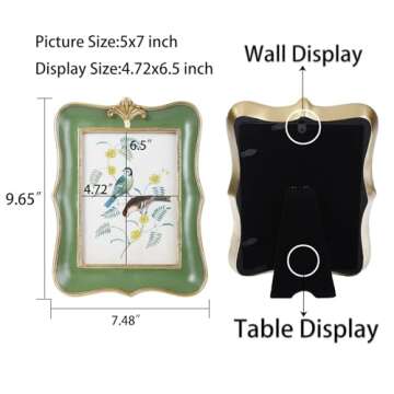 Kangce Vintage Picture Frame 5x7 Antique Ornate Photo Frame Tabletop and Wall Hanging Old-Fashioned Picture Frame, Decorative Retro Design Home Decor, Photo Gallery, Art, Green and Gold