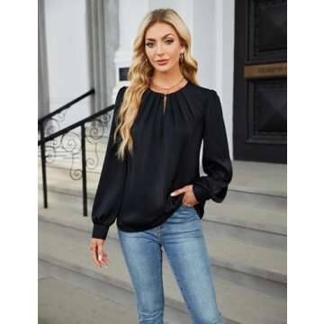 Blooming Jelly Womens Dressy Casual Blouses Black Long Sleeve Shirts Pleated Satin Silk Tops Fall Bu...