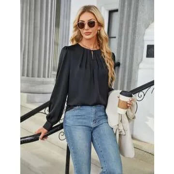 Blooming Jelly Womens Dressy Casual Blouses Black Long Sleeve Shirts Pleated Satin Silk Tops Fall Business Clothes(Black, Large)