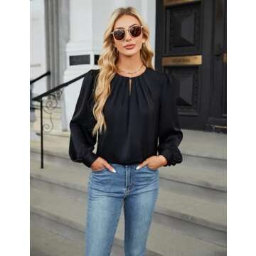 Blooming Jelly Womens Dressy Casual Blouses Black Long Sleeve Shirts Pleated Satin Silk Tops Fall Business Clothes(Black, Large)