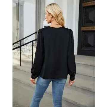 Blooming Jelly Womens Dressy Casual Blouses Black Long Sleeve Shirts Pleated Satin Silk Tops Fall Business Clothes(Black, Large)