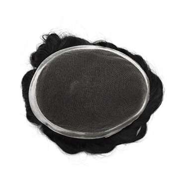 LYRICAL HAIR Super Thin French Lace Mens Toupee Remy Human Hair System Clear Poly Skin Around Wigs Toupee for Men Transparent Lace Skin Hairpiece Replacement (8"x6", 1B Off Balck)