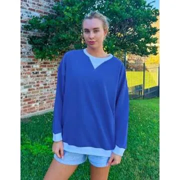 ZESICA Womens Crewneck Color Block Sweatshirts Oversized Long Sleeve Pullover Tunic Tops Casual Clothes Outfits,Grey Blue,Medium
