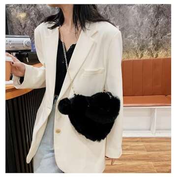Rejolly Heart Shaped Purse for Women Fluffy Furry Bag for Girls Faux Fur Fuzzy Handbag Soft Small Valentine's Day Shoulder Bag with Chain Strap Black