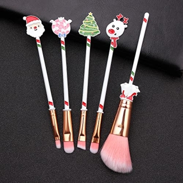 White Christmas Themed Makeup Brushes Set, Santa Claus Pink Candy Christmas Tree Elk Bell Contouring Eye Shadow Concealer Eyebrow Lip Brushes 5Pcs/Set