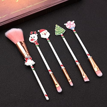White Christmas Themed Makeup Brushes Set, Santa Claus Pink Candy Christmas Tree Elk Bell Contouring Eye Shadow Concealer Eyebrow Lip Brushes 5Pcs/Set