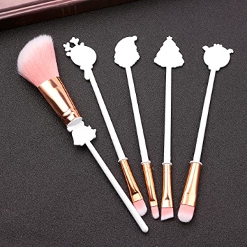 White Christmas Themed Makeup Brushes Set, Santa Claus Pink Candy Christmas Tree Elk Bell Contouring Eye Shadow Concealer Eyebrow Lip Brushes 5Pcs/Set