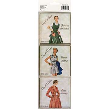 Simplicity Vintage Fashion 1950's ''Day of a Dame'' Cork Coaster Set, 6pc, 4'' x 4''