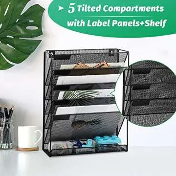 EASEPRES Desk File Organizer Mesh 5-Tier, Hanging Wall Mount Document Organization Stand, Desktop Vertical Mail Paper Folder Holder Rack with Bottom Tray for Office Home Cubicle Countertop, Black