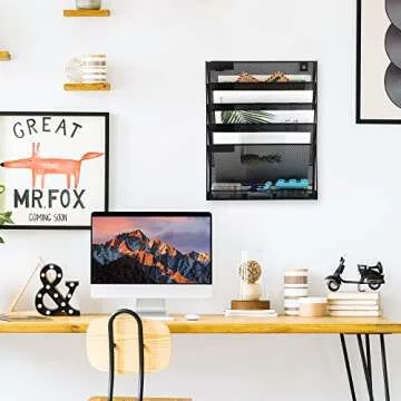 EASEPRES Desk File Organizer Mesh 5-Tier, Hanging Wall Mount Document Organization Stand, Desktop Vertical Mail Paper Folder Holder Rack with Bottom Tray for Office Home Cubicle Countertop, Black