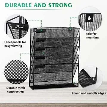 EASEPRES Desk File Organizer Mesh 5-Tier, Hanging Wall Mount Document Organization Stand, Desktop Vertical Mail Paper Folder Holder Rack with Bottom Tray for Office Home Cubicle Countertop, Black