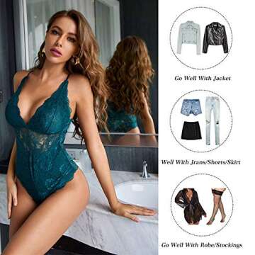 Aranmei Women's Sexy Lace Bodysuit Deep V Snap Crotch Teddy One Piece Lace Babydoll Lingerie Dark Green