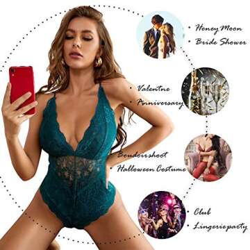 Aranmei Women's Sexy Lace Bodysuit Deep V Snap Crotch Teddy One Piece Lace Babydoll Lingerie Dark Green