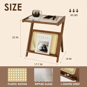 Bamworld Rattan Side Table Boho NightStand Mid Century Modern End Table Glass Bedside Table Small End Tables Bamboo Coffee Table with Storage Record Player Stand for Living Room Bedroom