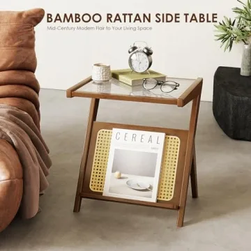 Bamworld Rattan Side Table Boho NightStand Mid Century Modern End Table Glass Bedside Table Small End Tables Bamboo Coffee Table with Storage Record Player Stand for Living Room Bedroom