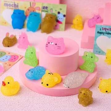 JOYIN 28 Packs Valentine's Day Gift Cards with Glitter Mochi Squishy Toys to Squeeze, Kawaii Stress ...