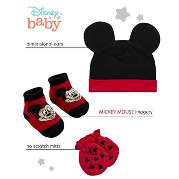 Disney Newborn Baby Boys’ Take Me Home Layette Gift Set: 3D Ear Hat, Socks and Mitten: Mickey Mous...
