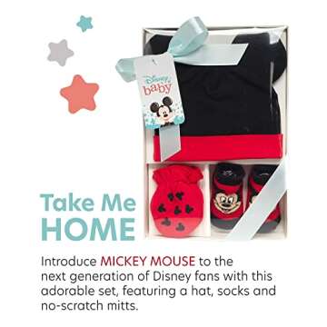 Disney Newborn Baby Boys’ Take Me Home Layette Gift Set: 3D Ear Hat, Socks and Mitten: Mickey Mouse, Winnie The Pooh, Size Age 0-3M, Mickey Red/Black