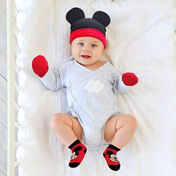 Disney Newborn Baby Boys’ Take Me Home Layette Gift Set: 3D Ear Hat, Socks and Mitten: Mickey Mouse, Winnie The Pooh, Size Age 0-3M, Mickey Red/Black