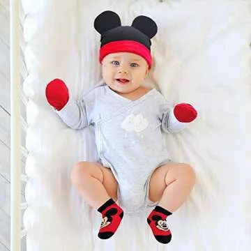 Disney Newborn Baby Boys’ Take Me Home Layette Gift Set: 3D Ear Hat, Socks and Mitten: Mickey Mouse, Winnie The Pooh, Size Age 0-3M, Mickey Red/Black