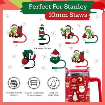 Haundry 6-Pack Christmas Straw Covers Cap Compatible with Stanley Tumblers, Reusable Silicone Green ...