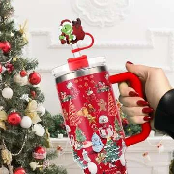 Haundry 6-Pack Christmas Straw Covers Cap Compatible with Stanley Tumblers, Reusable Silicone Green Xmas Drinking Straw Topper, Dust-Proof, Funny Stanley Accessories Perfect for Festival