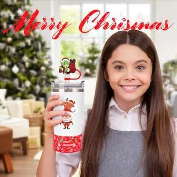 Haundry 6-Pack Christmas Straw Covers Cap Compatible with Stanley Tumblers, Reusable Silicone Green Xmas Drinking Straw Topper, Dust-Proof, Funny Stanley Accessories Perfect for Festival