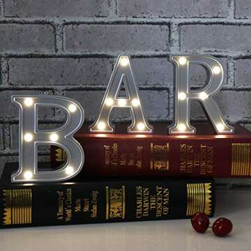 Decorative Illuminated BAR Marquee Word Sign (Silver Color 4.21" Tall) - Lighted Letter Words and Signs For Indoor BAR Decor - BAR