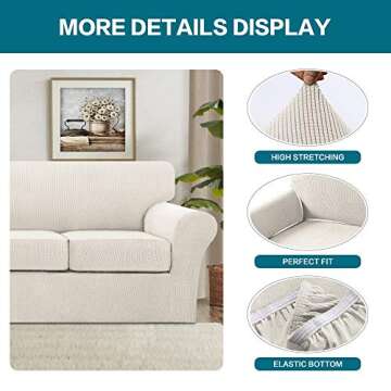 Turquoize 4 Piece Sofa Covers for 3 Cushion Couch Sofa Slipcover Soft Couch Cover for Dogs-Washable Sofa Furniture Covers with 3 Individual Cushion Covers, Jacquard Fabric (3 Cushion Sofa, Ivory)