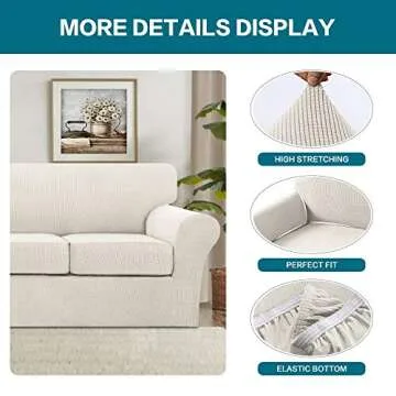 Turquoize 4 Piece Sofa Covers for 3 Cushion Couch Sofa Slipcover Soft Couch Cover for Dogs-Washable Sofa Furniture Covers with 3 Individual Cushion Covers, Jacquard Fabric (3 Cushion Sofa, Ivory)