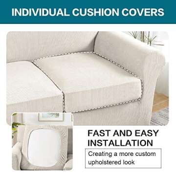 Turquoize 4 Piece Sofa Covers for 3 Cushion Couch Sofa Slipcover Soft Couch Cover for Dogs-Washable Sofa Furniture Covers with 3 Individual Cushion Covers, Jacquard Fabric (3 Cushion Sofa, Ivory)