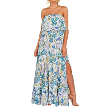 Dokotoo Long Sleeve Dress for Women Floral Print Strapless Maxi Dress High Waist Side Split Flowy Se...