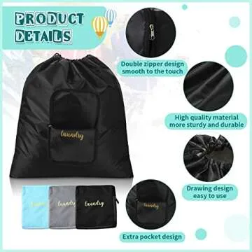 Shappy 3 Pieces Travel Laundry Bag Large Dirty Clothes Bags for Traveling Lightweight and Expandable Luggage Laundry Bag with Drawstring Closure and Zipper, Blue Gray Black, 20 x 21 Inch