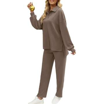 AGSEEM Two Piece Outfits for Women Casual Winter Long sleeve Loungewear Set Khaki 2XL