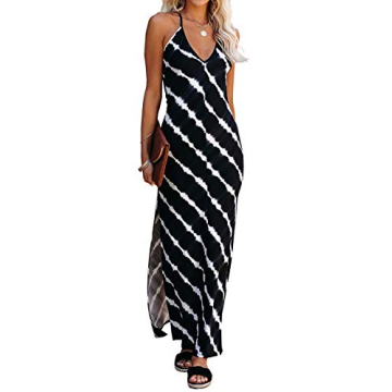 KIRUNDO 2021 Summer Women’s Spaghetti Strap Maxi Dress Sleeveless V Neck Tie Dye Side Split Long B...