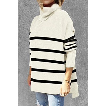 OU MgCE FAST FASHION Cute High Neck Pullover Sweater, Women's Turtleneck Oversized Sweaters Long Sleeve Black Striped Winter Split Hem Tunic Pullover Knit Tops M