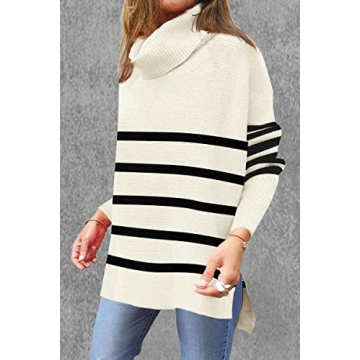 OU MgCE FAST FASHION Cute High Neck Pullover Sweater, Women's Turtleneck Oversized Sweaters Long Sleeve Black Striped Winter Split Hem Tunic Pullover Knit Tops M
