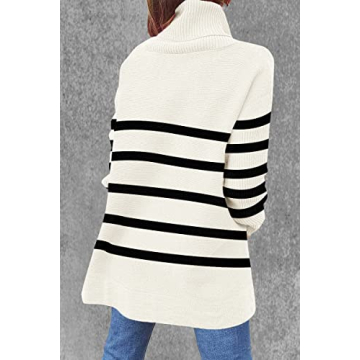 OU MgCE FAST FASHION Cute High Neck Pullover Sweater, Women's Turtleneck Oversized Sweaters Long Sleeve Black Striped Winter Split Hem Tunic Pullover Knit Tops M