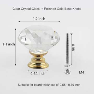 MDPLY 5 Pack Crystal Glass Cabinet Knobs - 30mm Clear Diamond Shape Decorative Gold Base Pulls Handles for Drawer Dresser Kitchen Cabinets Wardrobe Bathroom Vanity Desk (Gold)