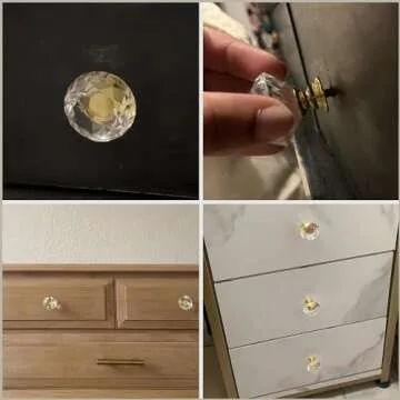 MDPLY 5 Pack Crystal Glass Cabinet Knobs - 30mm Clear Diamond Shape Decorative Gold Base Pulls Handles for Drawer Dresser Kitchen Cabinets Wardrobe Bathroom Vanity Desk (Gold)