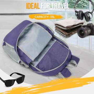 ZOMAKE Lightweight Packable Backpack 35L, Light Foldable Backpacks Water Resistant Collapsible Hiking Bag, Compact Folding Day Pack for Travel Camping(Purple)