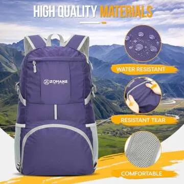 ZOMAKE Lightweight Packable Backpack 35L, Light Foldable Backpacks Water Resistant Collapsible Hiking Bag, Compact Folding Day Pack for Travel Camping(Purple)