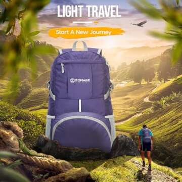 ZOMAKE Lightweight Packable Backpack 35L, Light Foldable Backpacks Water Resistant Collapsible Hiking Bag, Compact Folding Day Pack for Travel Camping(Purple)